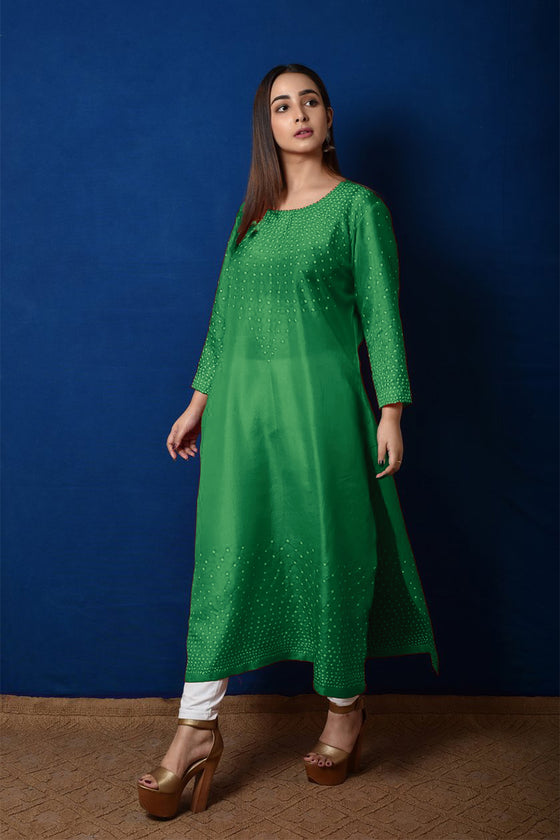 Buy Rayon Bandhani kurti with beautiful embroidery & Sitara work on yoke  (Mask Free)(Bandhani-Green-XL) at Amazon.in